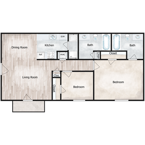 Floor plan for 2 beds, 2 baths, 876 sqft